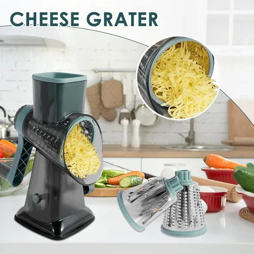 Miniatura 4 de Rallador de queso giratorio con asa, trituradora de 3 cuchillas de acero inoxidable, cortador manual de queso, ralladores de manivela para cocina
