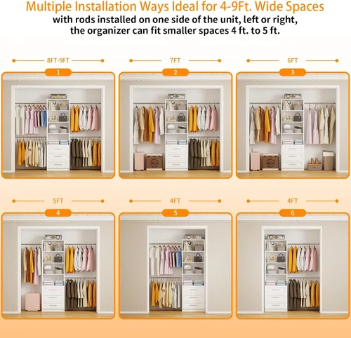 Miniatura 6 de Sistema de armario con 6 cajones, sistema organizador de armario de madera de 6 pies a 15 pies con 8 varillas y estantes expandibles, sistema