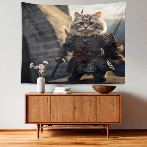 Miniatura 3 de Batmerry Cat In Armor Polyester Tapestry, Cat Armor Sword Warrior Battle Shield Lightweight Wall Hanging High-Definition Print Backdrop For Dorm