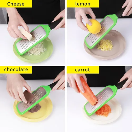 Miniatura 7 de Rallador de queso de mano, pelador de cítricos de limón de acero inoxidable, rebanador plano de mano para queso, limón, chocolate y especias/agujero