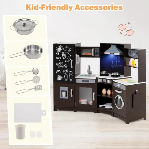 Miniatura 6 de GLACER Cocina de madera de esquina para niños, juego de cocina grande con sonido, luz, pizarra, microondas, máquina de hielo, lavadora, accesorios