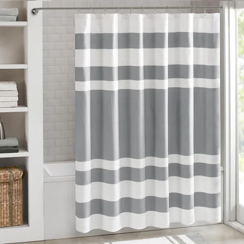 Miniatura 25 de Madison Park Cortina de ducha de tejido waffle con diseño a rayas en piezas, cortina de ducha de tela para baño con gestión de humedad 3M Rayas Taupe