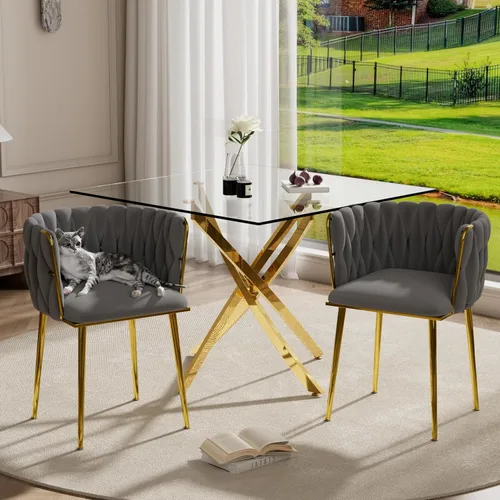 Miniatura 8 de RGZ Juego de mesa de cocina cuadrada minimalista moderna de 3 piezas, mesa de comedor de vidrio transparente con sillas tejidas negras, juego de 2
