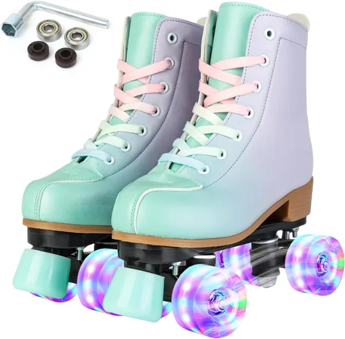 SilverTree Patines de ruedas para mujeres y niñas, de piel sintética, para adultos, ruedas Derby con luz, cuatro ruedas brillantes