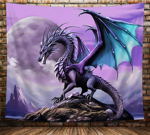 NYMB Trippy Purple Dragon Wall Hanging, Gothic Moon Anime Psychedelic Dragon on Mountain Hippie Art for Bedroom Aesthetic, Medieval Fantasy