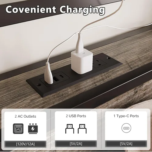 Miniatura 4 de VINGLI Base de cama LED Queen con 4 cajones de almacenamiento y estante de cabecera ajustable, plataforma de metal con estación de carga para niños
