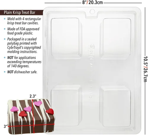 Miniatura 2 de CybrTrayd Molde para dulces de chocolate – Barra rectangular lisa Krisp Treat – 4 cavidades 3" x 2-5/16" x 1-1/8" – Para dulces, galletas