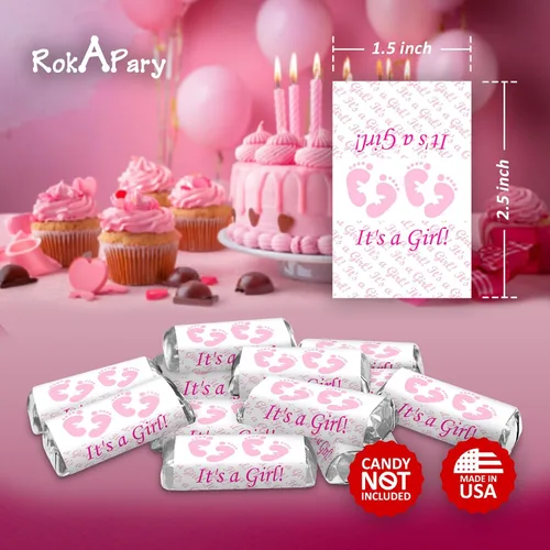 Miniatura 2 de Envoltura de barra de caramelo en miniatura de 60 huellas rosas para baby shower, decoración "It's a Girl", calcomanías, fabricado en Estados Unidos