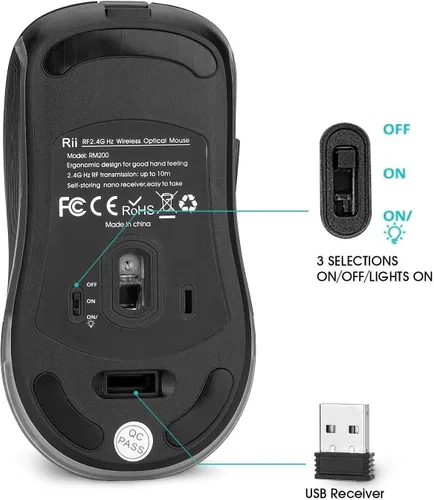 Miniatura 5 de Rii Ratón inalámbrico RM200 2.4G con receptor nano USB, mouse recargable de 5 botones, mouse RGB retroiluminado colorido para juegos para portátil