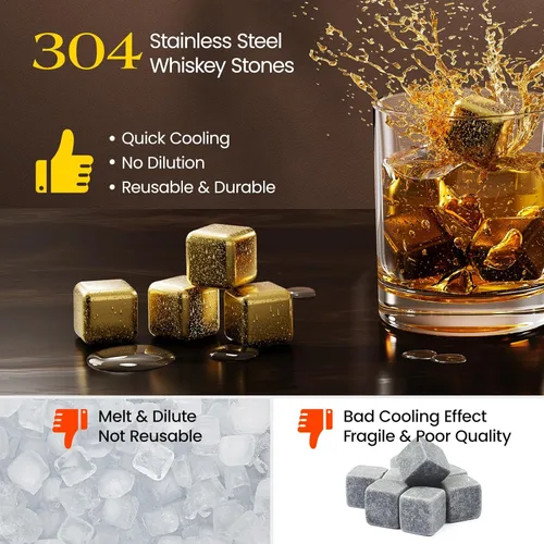 Miniatura 2 de Kollea piedras para whisky, juego de 8 piedras de acero inoxidable dorado para enfriar whisky, cubos de hielo reutilizables para bebidas, accesorios