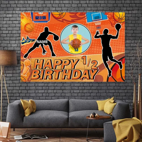 Miniatura 5 de Cartel personalizado de decoración de fiesta de cumpleaños de medio año, tema de baloncesto personalizado, fondo de deportes de baloncesto de feliz
