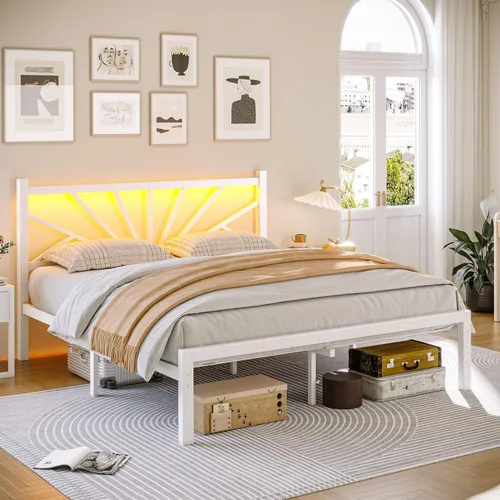 Miniatura 31 de Homkdom Marco de cama de plataforma de metal tamaño Queen de 14 pulgadas con cabecero, marco de cama victoriano Queen con almacenamiento debajo
