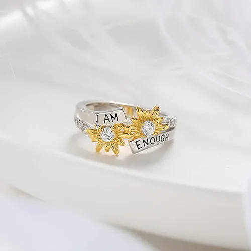 Miniatura 6 de Generic Juego de anillos para ti bicolor I Am Enough English con margaritas de diamantes a la moda multicolor anillos para mujer regalos para mujer