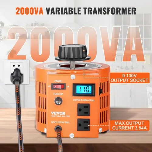 Miniatura 3 de VEVOR Transformador de voltaje variable automático 2000VA, 15.3 amperios, entrada de 110 V, 0-130 V, regulador de voltaje de CA, con pantalla LCD, 4