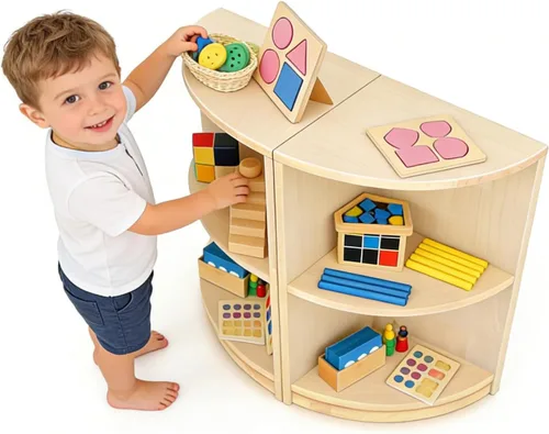 Miniatura 5 de Estantería esquinera Montessori de almacenamiento de 3 niveles, organizador infantil para juguetes, libros, suministros de arte y manualidades