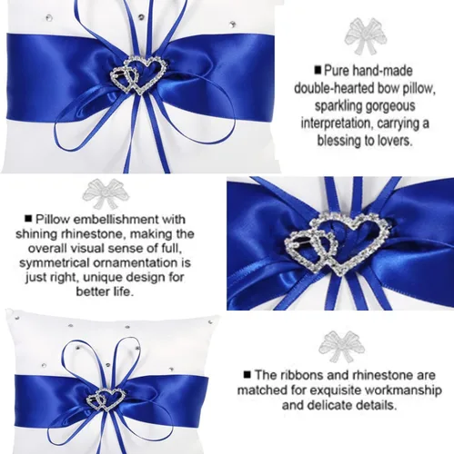 Miniatura 3 de Tyenaza Almohada portadora de anillo, almohada de anillo de boda de 7.8 pulgadas, soporte para anillo azul real, cojín de doble corazón