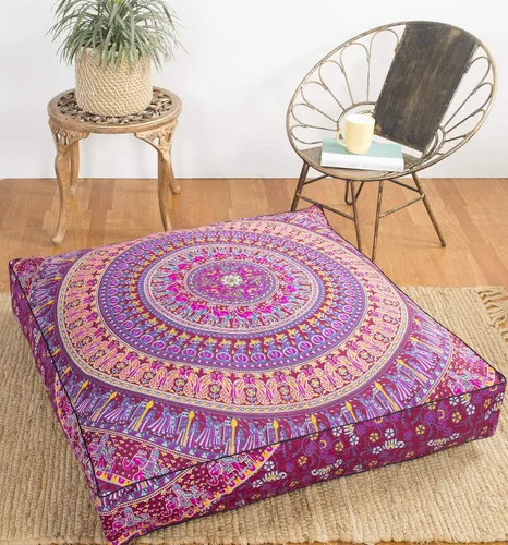 Miniatura 5 de Popular Handicrafts Funda de cojín de suelo – Funda de cojín de mandala de elefante hippie grande de algodón – Funda de puf redonda bohemia Azul