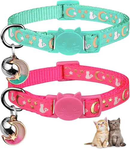 Baeuppit 2 piezas de collares de gato separables con campana, lunas y estrellas, lindos collares ajustables y seguros para gatitos con colgante que
