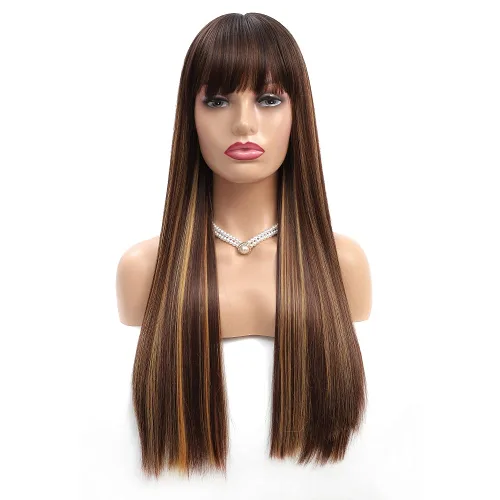Miniatura 2 de Pelucas rubias con reflejos para mujer, peluca larga y lacia con flequillo, cabello Remy suave y sedoso, resistente al calor, pelucas de fibra