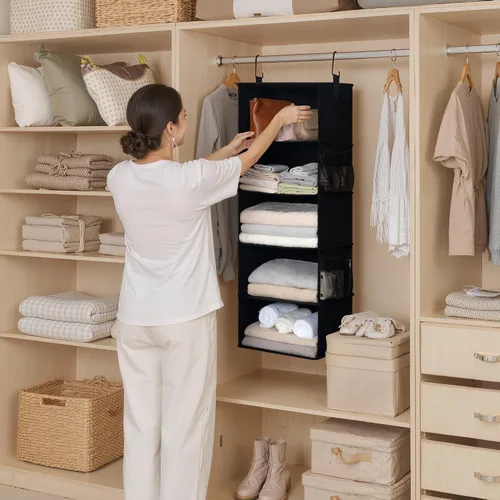 Miniatura 2 de StorageWorks Organizadores colgantes de armario con 5 estantes, organizador de almacenamiento plegable con 2 bolsillos laterales, estantes colgantes
