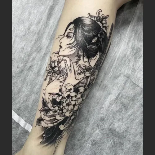 Miniatura 6 de 6 hojas de brazo falso impermeable cuerpo arte temporal tatuajes pegatinas negro japonés geisha samurai mujeres flor loto TBS-04