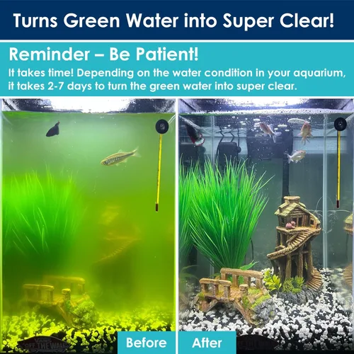 Miniatura 2 de Filtro de agua verde acuario, luz U-V con bomba de agua sumergible, filtro U-V con aireación y salida de agua doble, temporizador de 4 velocidades
