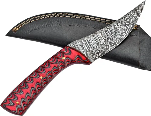 Miniatura 6 de Cuchillo de caza de hoja fija de Damasco con funda hecha a mano de espiga completa para desollar bushcraft, mango de madera Pakka azul, cuchillo