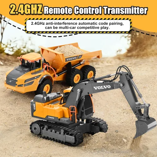 Miniatura 4 de DOUBLE E Volvo Excavadora RC Excavadora de control remoto de juguete para niños, vehículos de construcción de función completa, juguetes con pala