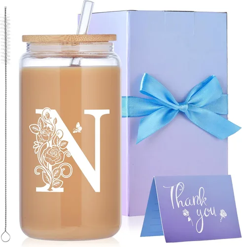 Miniatura 8 de Vasos de vidrio con iniciales con tapas y pajitas, regalos con monograma para mujeres, vaso de vidrio de cerveza de 16 onzas, taza de café helado