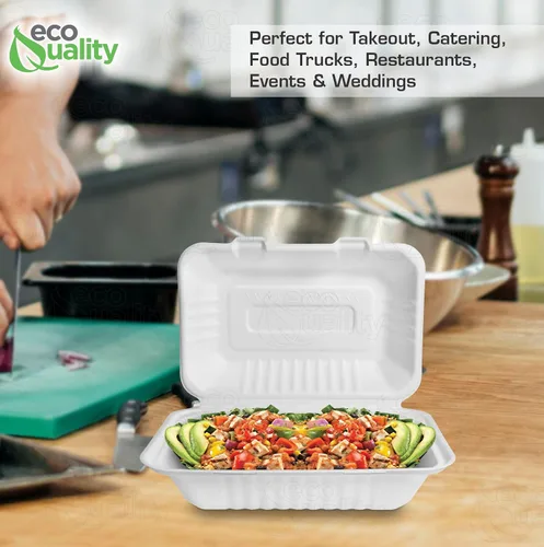 Miniatura 7 de Recipientes de alimentos rectangulares compostables con bisagras para llevar 9x6x3,Contenedores desechables para llevar, contenedores desechables