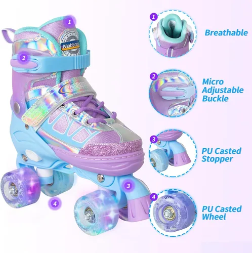 Miniatura 3 de Nattork Patines de ruedas para niños y niñas, 4 tamaños ajustables con ruedas iluminadas para niños principiantes para interiores y exteriores Cielo