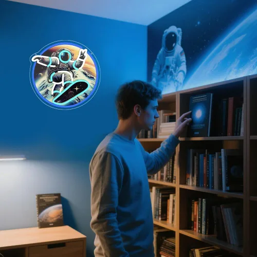 Miniatura 8 de Monopatín de astronauta, letrero de neón con impresión UV, letrero acrílico para decoración de pared, luz de neón para dormitorio, bar, cafetería