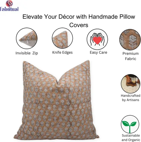Miniatura 3 de Fundas de almohada de lino grueso con estampado de bloques, 14x14 pulgadas, fundas de almohada vintage hechas a mano para sofá y sofá, funda