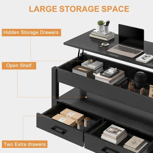 Miniatura 7 de FABATO Mesa auxiliar elevable de 41.7 pulgadas con 2 cajones de almacenamiento con compartimento oculto, estante de almacenamiento abierto para sala
