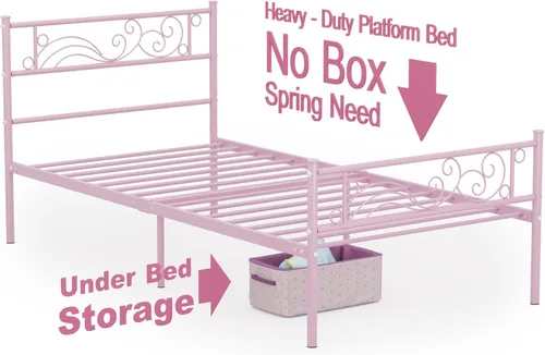 Miniatura 5 de Weehom Marco de cama de metal individual con almacenamiento, no necesita somier, listones de acero resistentes para niños, niñas, adolescentes, Rosa