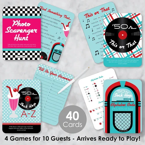 Miniatura 2 de Big Dot of Happiness 50's Sock Hop - 4 juegos de fiesta Rock N Roll de los años 50 - 10 cartas cada uno - Paquete Gamerific