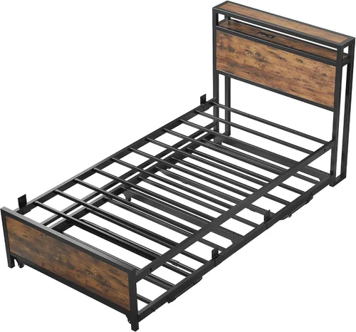 Miniatura 9 de IRONCK Sofá cama individual con nido, marco de cama de metal resistente con cabecera de almacenamiento y estación de carga, cama nido desplegable