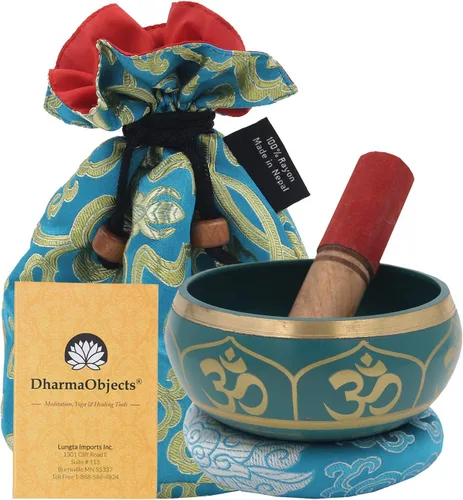 Miniatura 8 de DharmaObjects Mediano ~ Juego de cuencos cantantes hindú OM ~ con mazo, cojín de brocado y bolsa de transporte ~ para meditación, curación