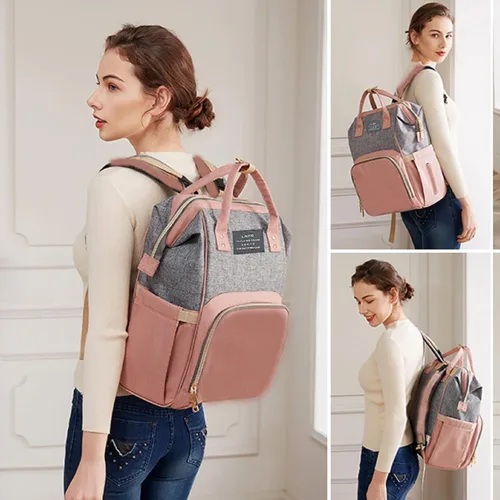 Miniatura 2 de Bolsa de pañales con cambiador, mochila para pañales, bolsa de pañales de viaje 7 en 1, bolsa para mamá con puerto de carga USB (rosa-gris)