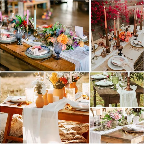 Miniatura 8 de Paquete de 15 caminos de mesa de estopilla de 6 pies, camino de mesa de tela de queso de 35x72 pulgadas, caminos de mesa de gasa bohemios para boda
