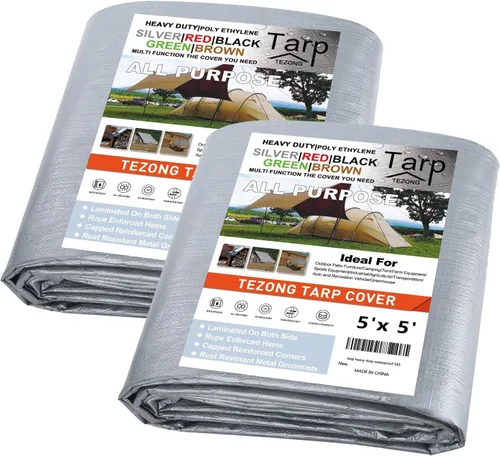 Miniatura 39 de Lonas resistentes impermeables de 4 x 5 pies, paquete de 2 lonas TEZONG negras de 0.472 in. de lona de plástico para exteriores para lluvia