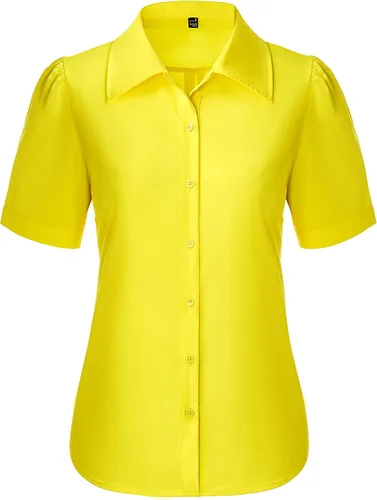 Miniatura 8 de Gleeivy Camisas de botones para mujer de manga corta abombada, camisas de vestir abotonadas con cuello ajustado, blusa superior de trabajo