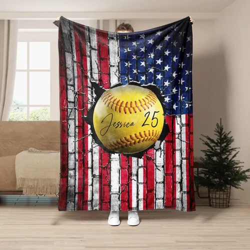 Miniatura 2 de Manta de sóftbol personalizada, manta de bandera de EE. UU., manta de forro polar Sherpa suave y acogedora, manta de sóftbol para mamá, hija, niño