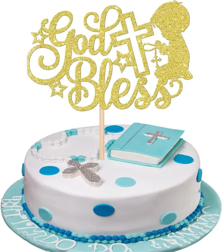 Miniatura 13 de Rsstarxi 1 paquete de decoración de pastel con purpurina que Dios bendiga al niño, primera comunión, bautismo, decoración para bautismo, baby