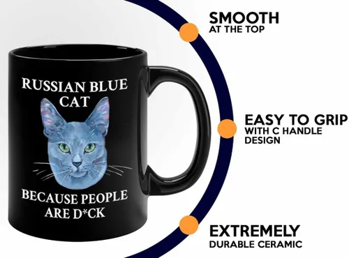 Miniatura 4 de Taza de café para amantes de los gatos, 11 onzas, color negro, gato azul ruso, regalo para amantes de los animales, regalo para propietario