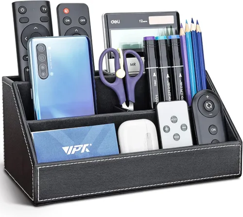 Miniatura 9 de KINGFOM™ Caja de almacenamiento y organizador de papelería multifunción para escritorio; estructura de madera y piel para la oficina del hogar; Negro