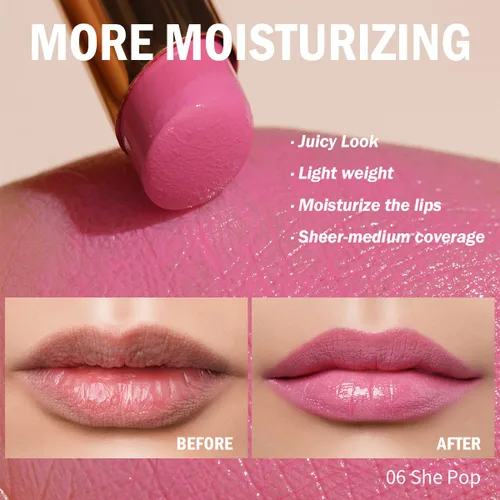 Miniatura 3 de Oulac Lápiz Labial Rosa Hidratante con Brillo - Lápiz Labial Hidratante Bálsamo Labial Tintado Brillante, Acabado Brillante Transparente Jugoso