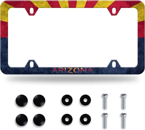 Marco de matrícula con bandera del estado de Arizona, piezas de automóvil de acero inoxidable, colorida placa decorativa con tornillos, tamaño 12.3