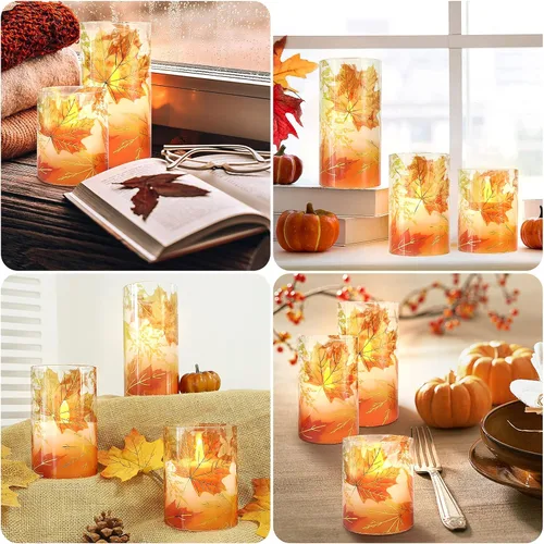 Miniatura 5 de Crystal Club Velas sin llama de otoño, hojas de arce de otoño, velas LED parpadeantes con control remoto y temporizador, velas de pilar con efecto