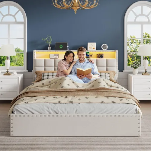 Miniatura 3 de OURPIC Base de cama Queen con 4 cajones de almacenamiento y cabecero, base de cama tapizada tamaño Queen con estación de carga y luces LED,